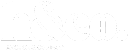 Bold white 'h&co.' logo in elegant serif font, with 'Hancock & Company' written in smaller uppercase letters beneath, set against a dark background.